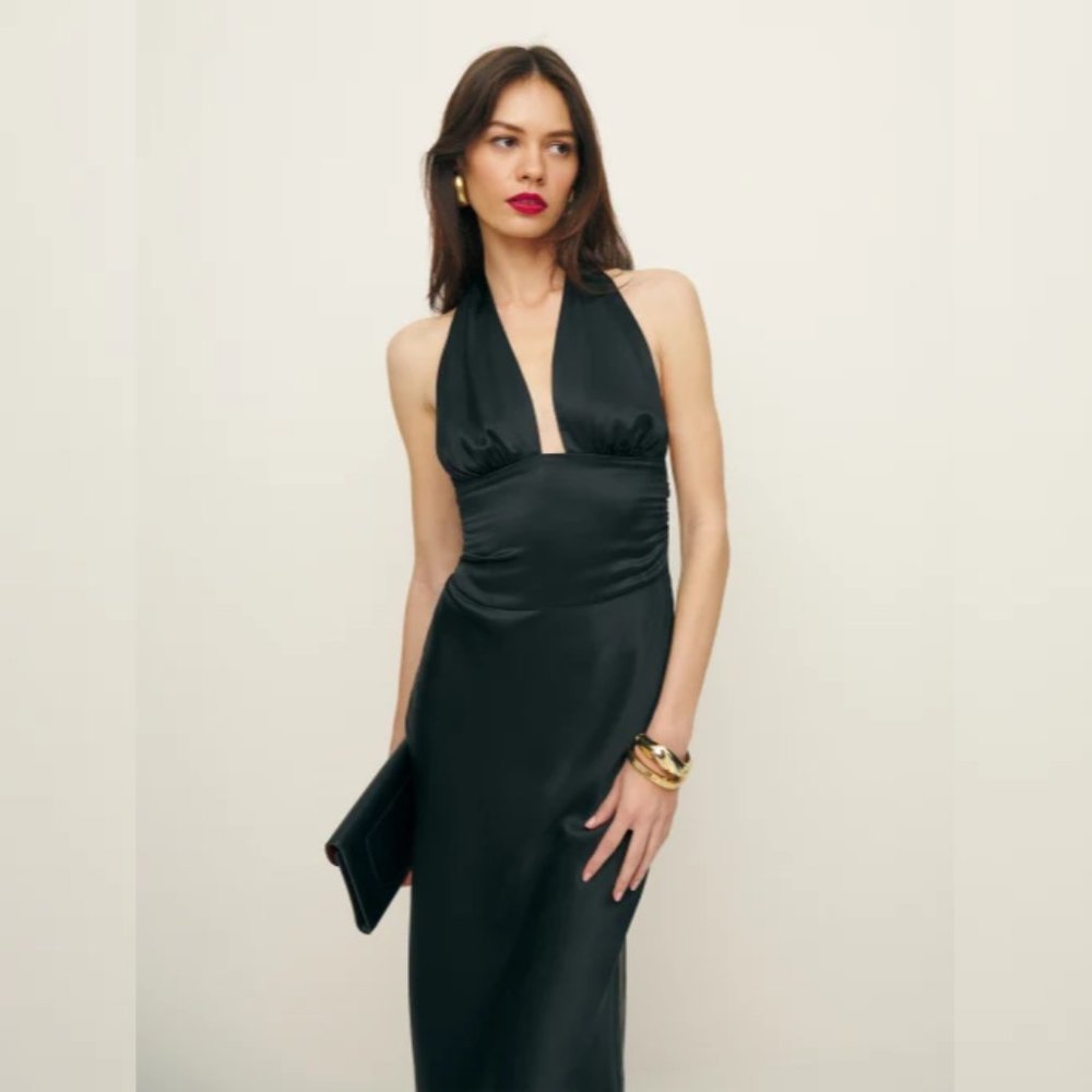 NWOT Reformation Millicent Silk Dress in Black Midi Sleeveless Halter